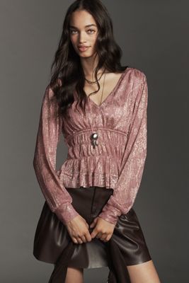 By Anthropologie Metallic Smocked Long-Sleeve Shirt
