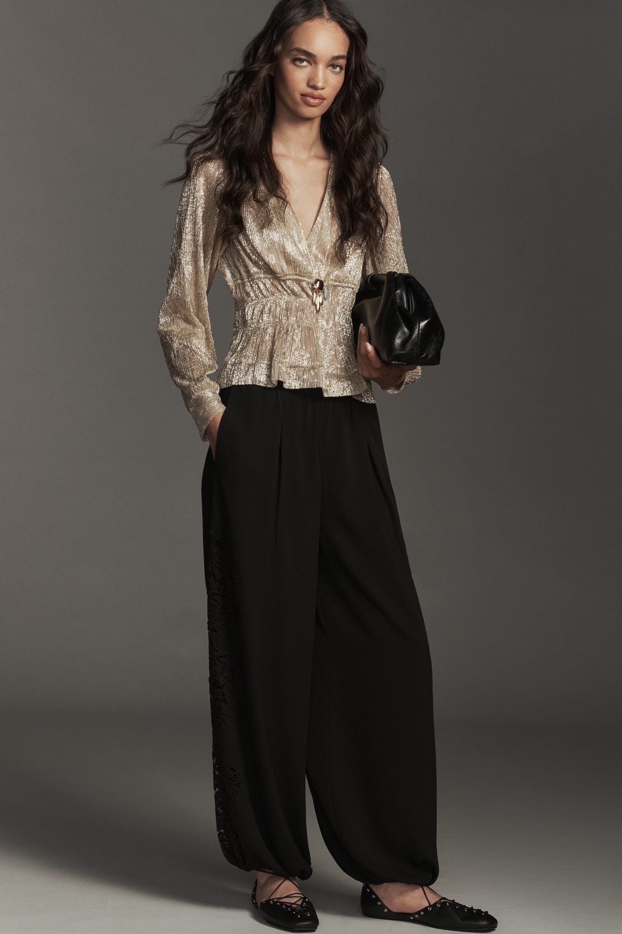 By Anthropologie Metallic Smocked Long-Sleeve Shirt