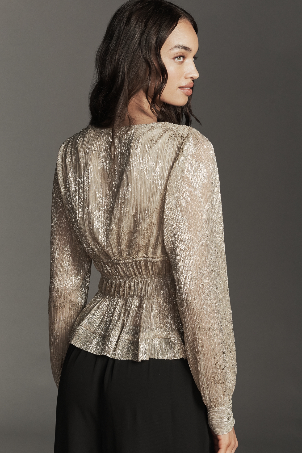 By Anthropologie Metallic Smocked Long-Sleeve Shirt