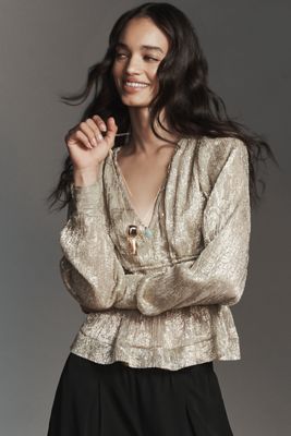By Anthropologie Metallic Smocked Long-Sleeve Shirt