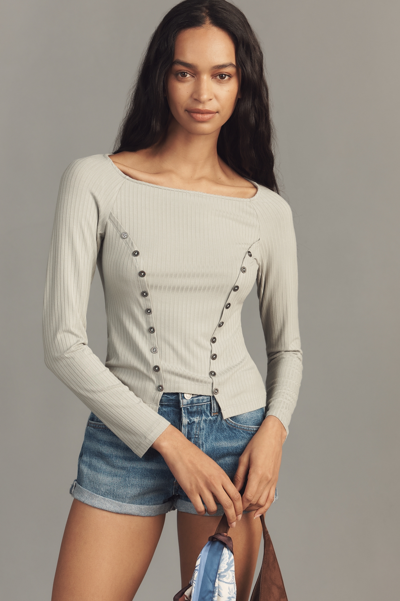 By Anthropologie Buttoned Boatneck Thermal Top