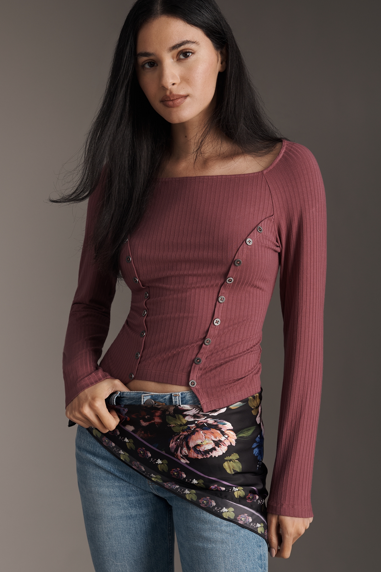 By Anthropologie Buttoned Boatneck Thermal Top