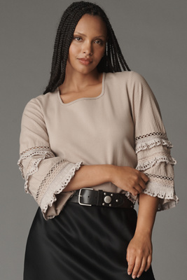 Conditions Apply Long-sleeve Lace-trim Top In Brown
