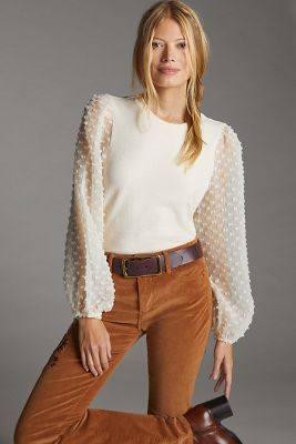 Mixed Mesh Spot Tulle Collared Jersey Blouse