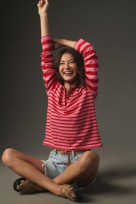 Shop English Factory Long-sleeve Striped Polo Top In Pink
