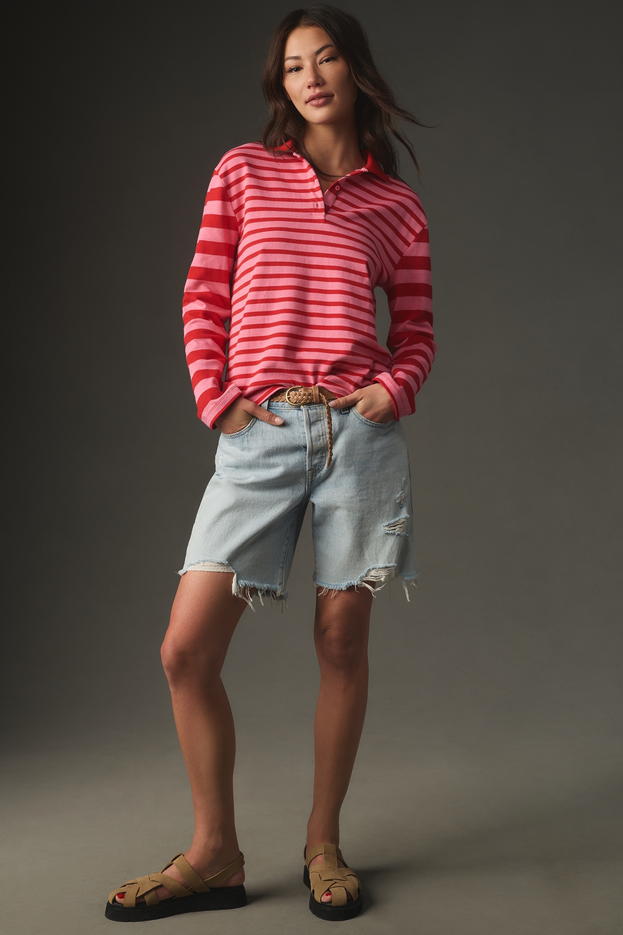 English Factory Long-Sleeve Striped Polo Top