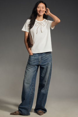 English Factory Rhinestone Bow Tee In White