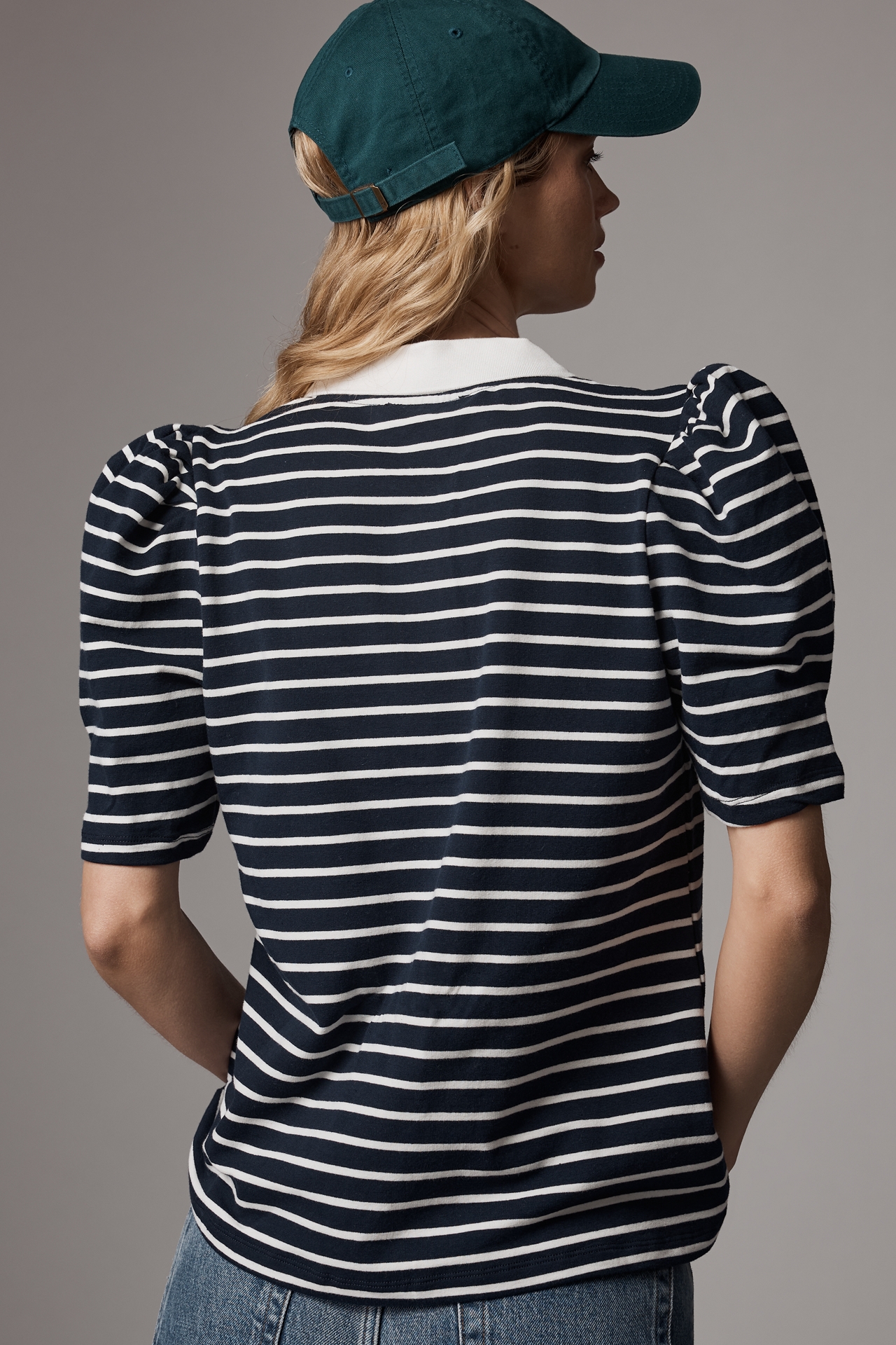 English Factory Puff-Sleeve Striped Polo Top