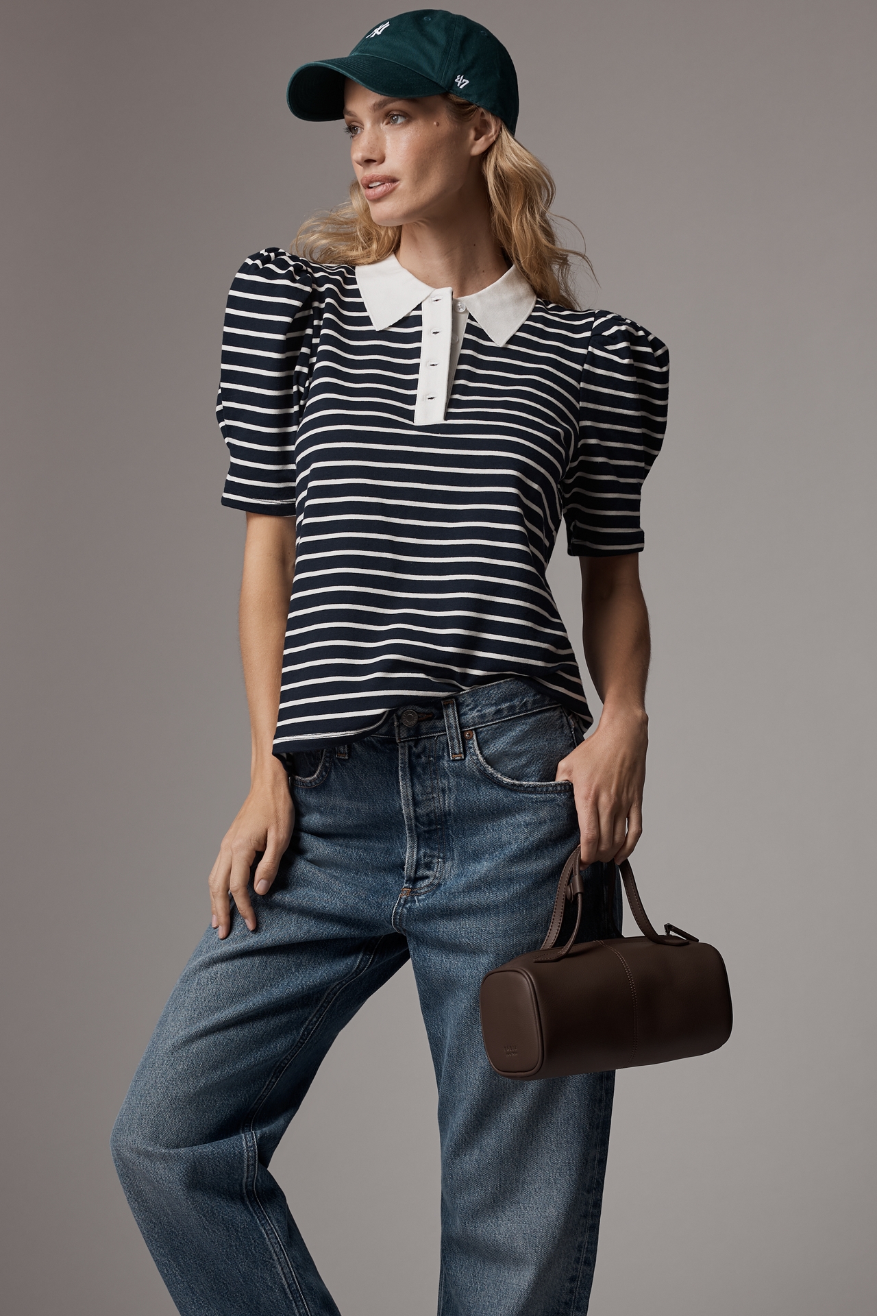 English Factory Puff-Sleeve Striped Polo Top