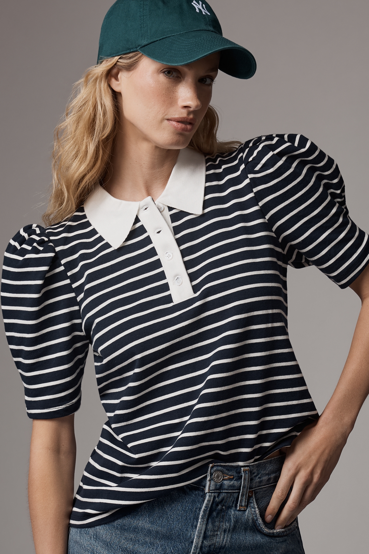 English Factory Puff-Sleeve Striped Polo Top