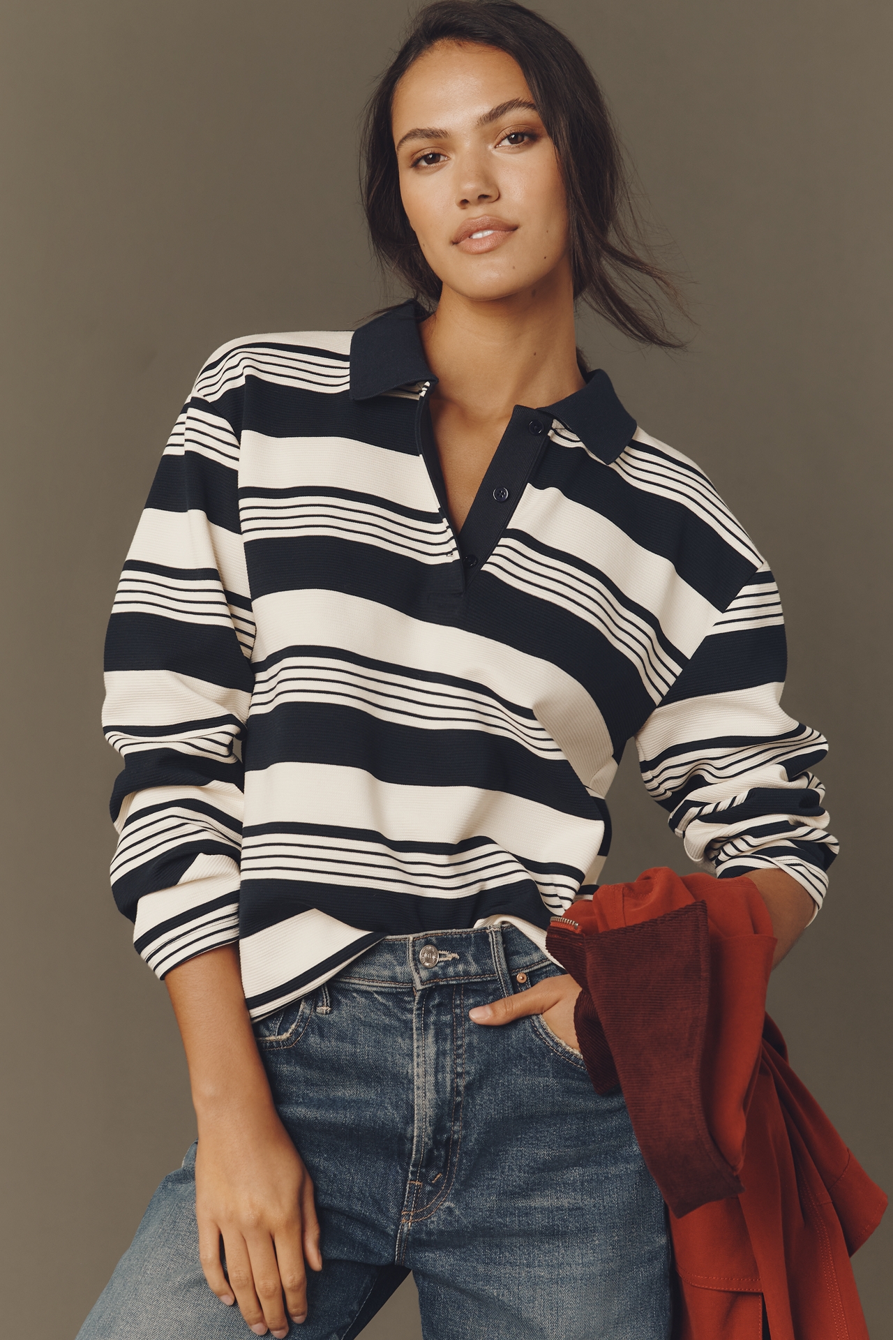 English Factory Long-Sleeve Striped Polo Top