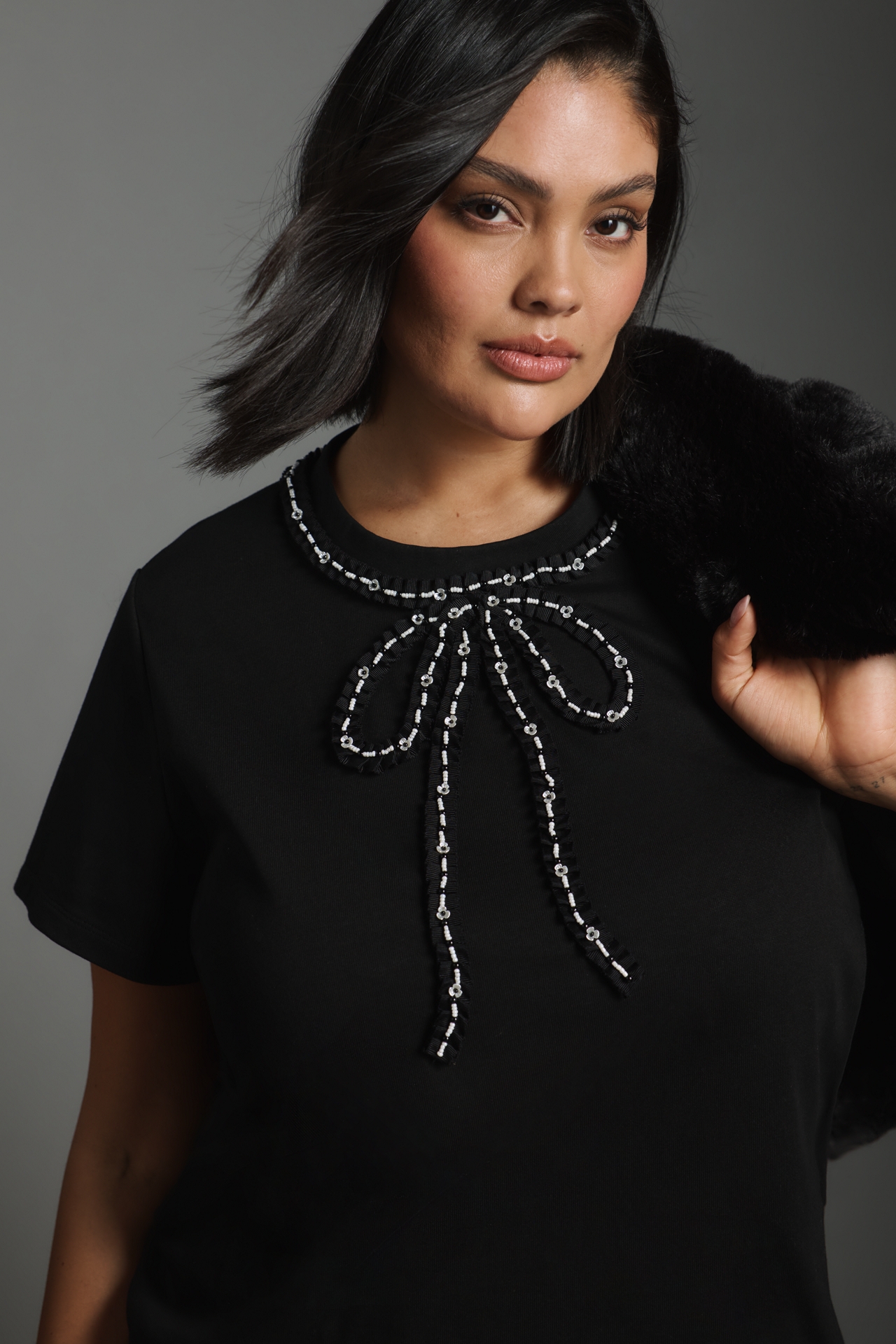 English Factory Beaded Bow Cotton T-Shirt