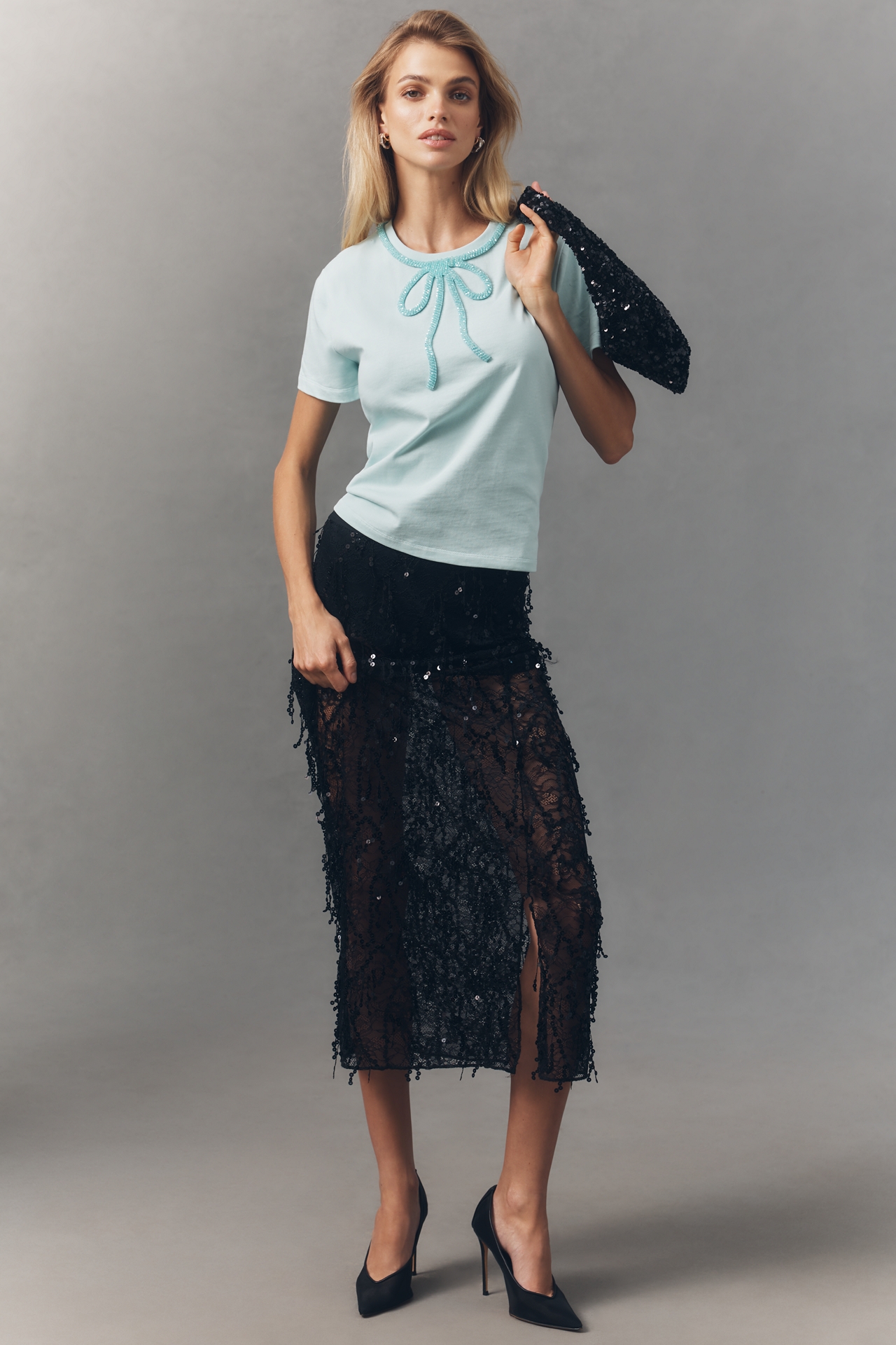 English Factory Beaded Bow Cotton T-Shirt