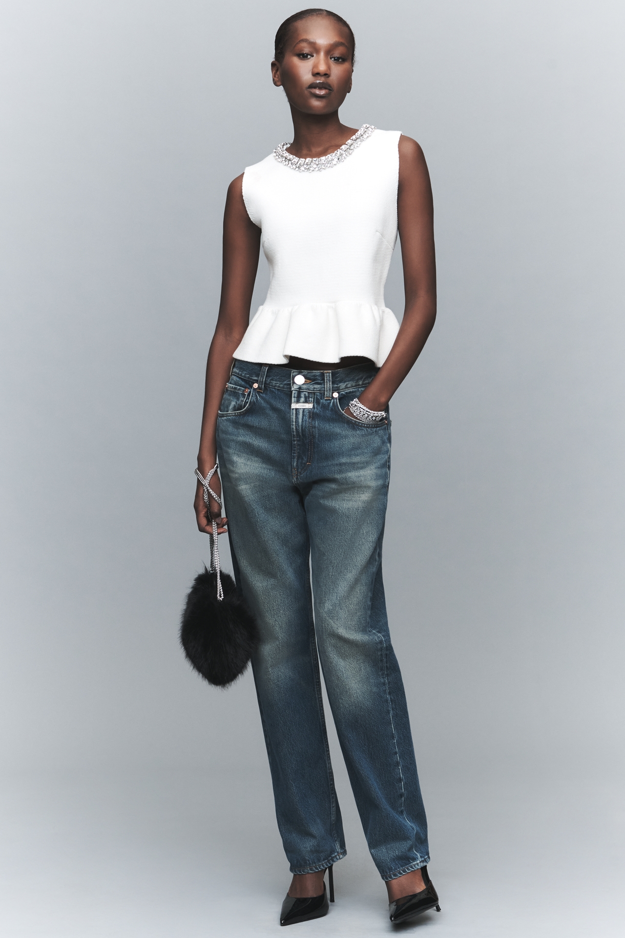 English Factory Petite Rhinestone Peplum Top