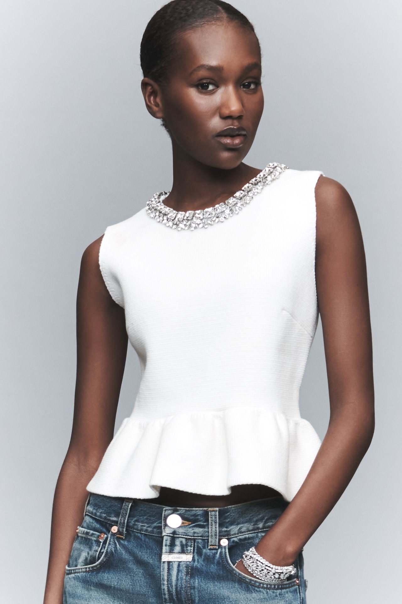 English Factory Petite Rhinestone Peplum Top