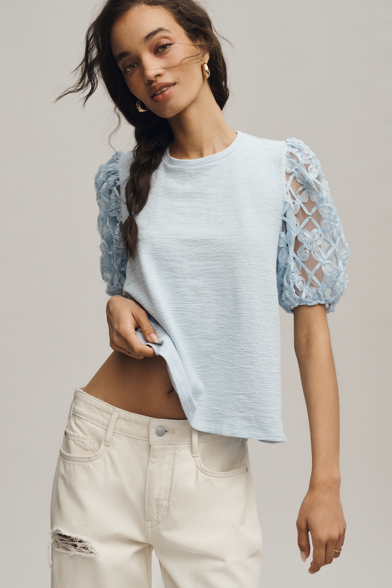 English Factory Lace Puff-Sleeve Top