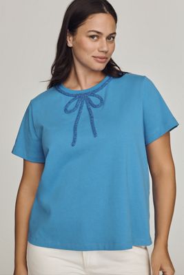 English Factory 100% Cotton Beaded-Bow Tee