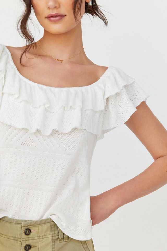 Ruffled Pointelle Off-The-Shoulder Top #1