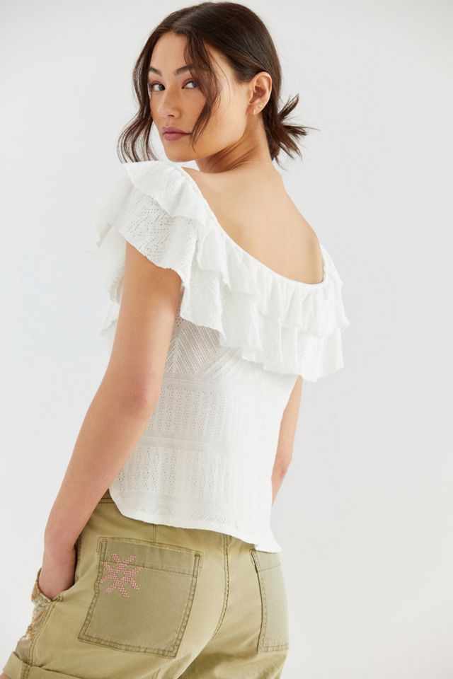 Ruffled Pointelle Off-The-Shoulder Top #3