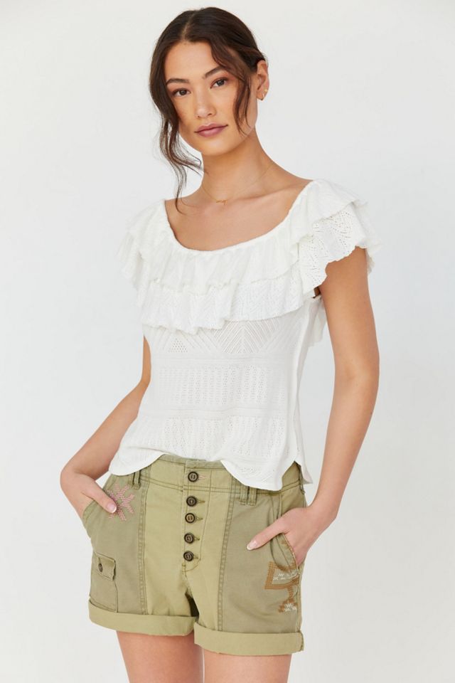 Ruffled Pointelle Off-The-Shoulder Top
