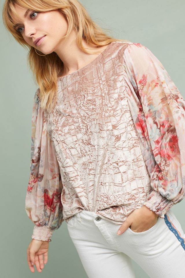 Floral-Sleeve Velvet Top #2
