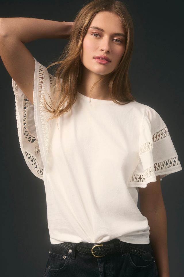 Self Contrast Flutter-Sleeve Cutwork Top | Anthropologie