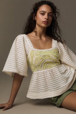 Shop Sarah Hann Flutter-sleeve Crochet Top In White