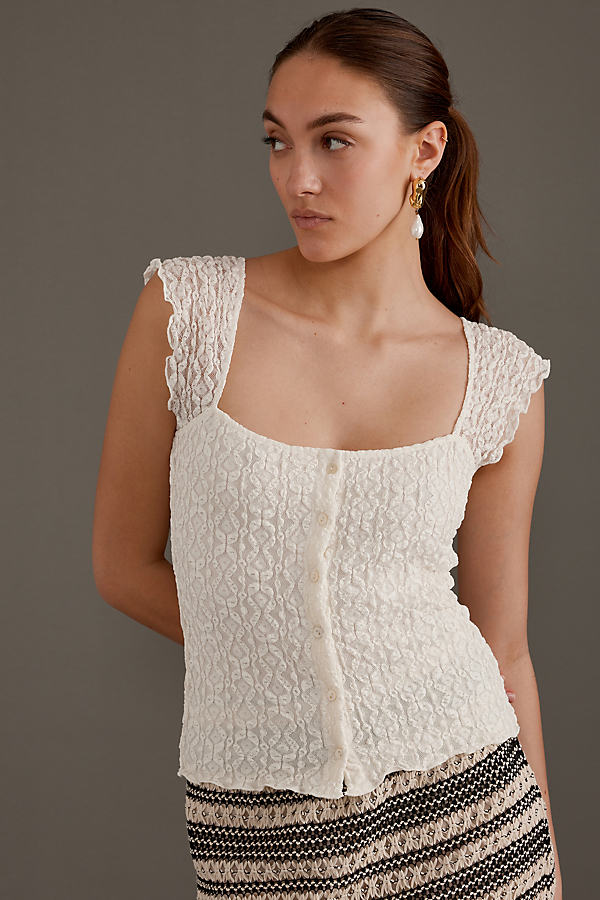 By Anthropologie Cap-Sleeve Buttondown Lace Top