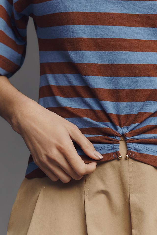 By Anthropologie Striped Cotton Keyhole T-Shirt #3