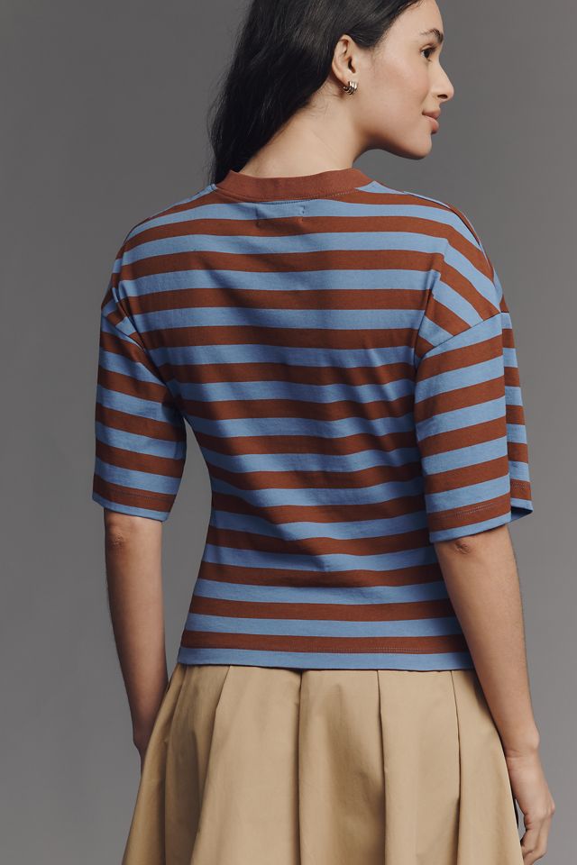By Anthropologie Striped Cotton Keyhole T-Shirt #1