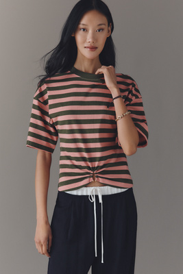 By Anthropologie Striped Cotton Keyhole T-Shirt