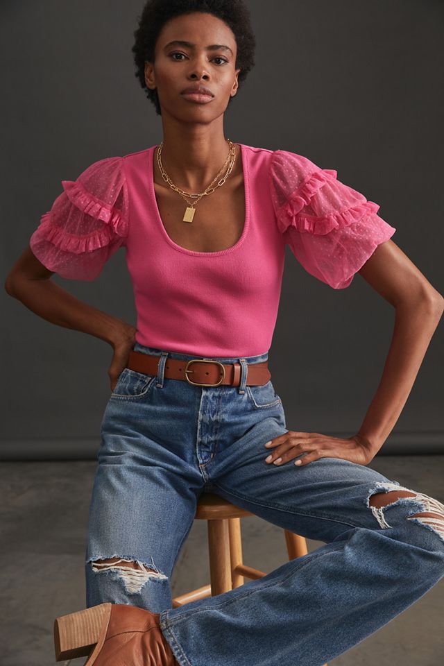 Maeve Cropped Ruffle Mesh Top