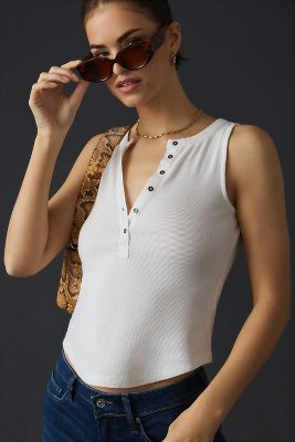 Pilcro Ribbed Henley Tank In White