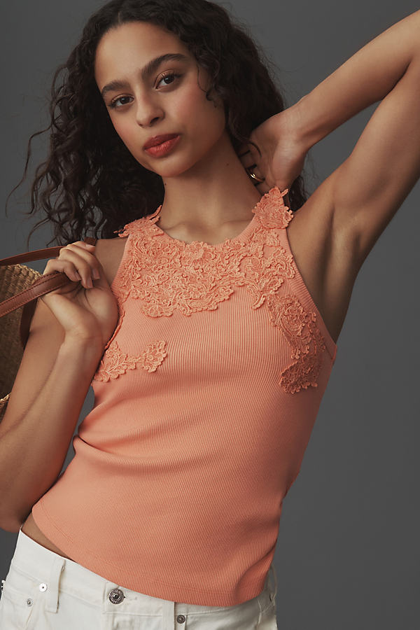 By Anthropologie The Pippah Lace Appliqué Tank Top In Pink