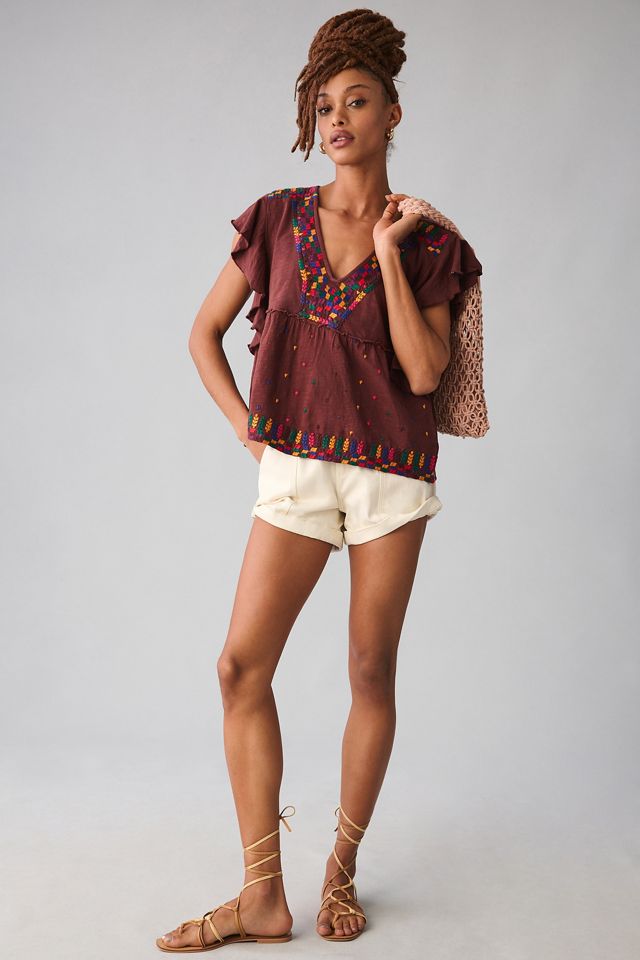 By Anthropologie Embroidered Ruffle-Sleeve Peplum Top | Anthropologie