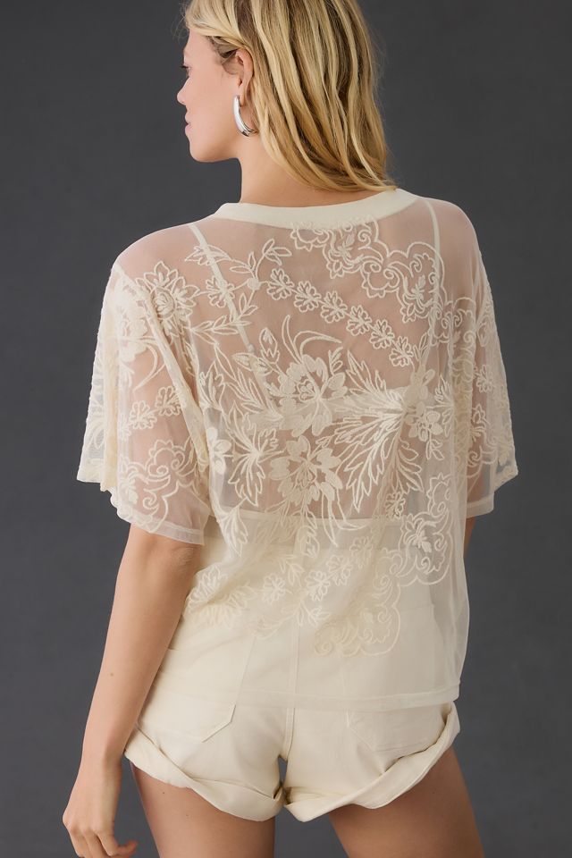 By Anthropologie Short-Sleeve Embroidered Mesh Top #1