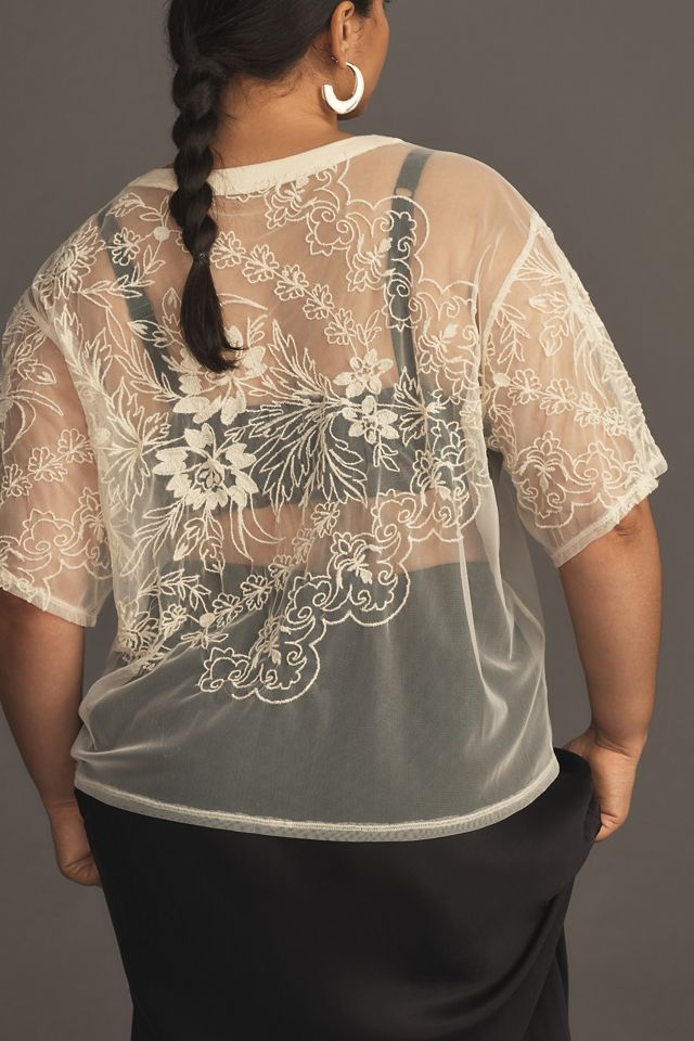 By Anthropologie Short-Sleeve Embroidered Mesh Top #5