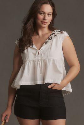 Maeve Cap-Sleeve Tie-Front Babydoll Blouse