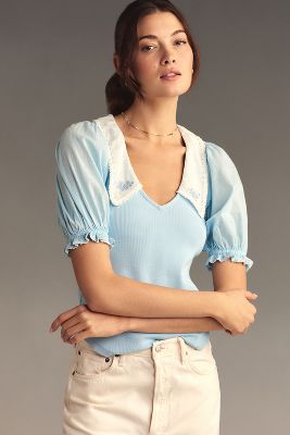 By Anthropologie Short-sleeve Collared Top In Blue