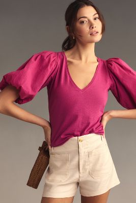 By Anthropologie Puff-sleeve V-neck Top In Purple