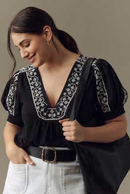 Shop By Anthropologie Puff-sleeve Embroidered Top In Black
