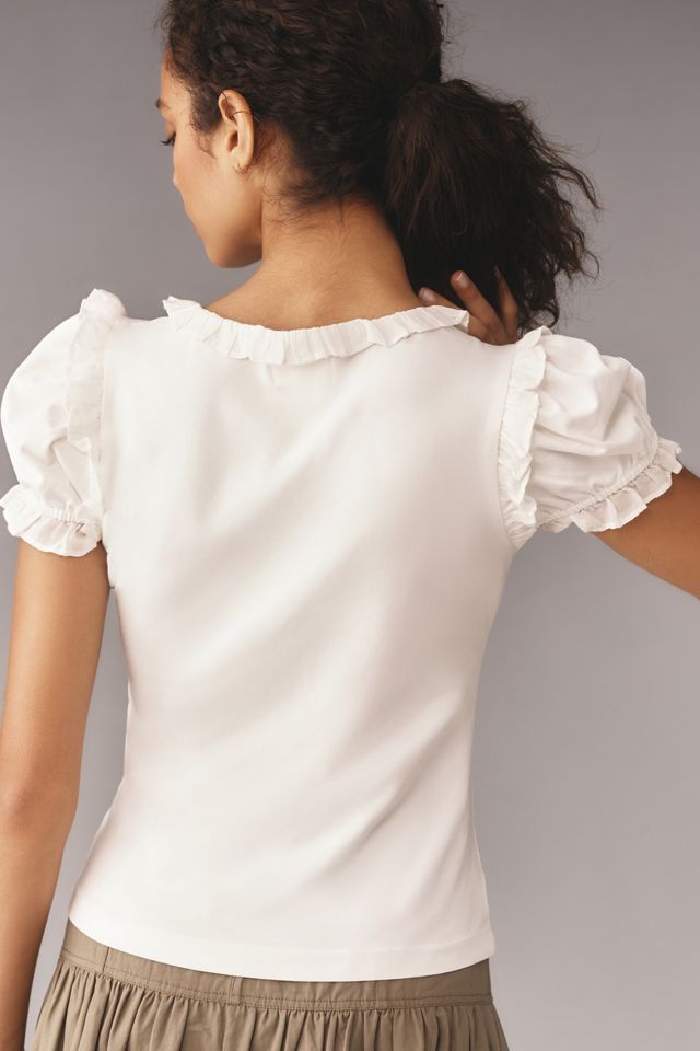 Maeve Puff-Sleeve Ruffle Henley Tee #1