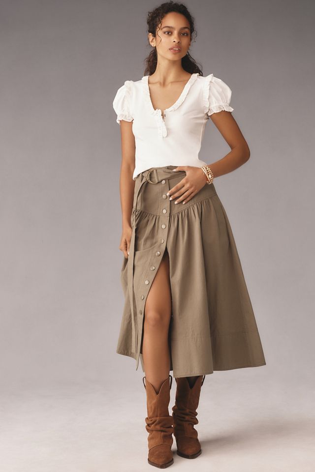 Maeve Puff-Sleeve Ruffle Henley Tee #2