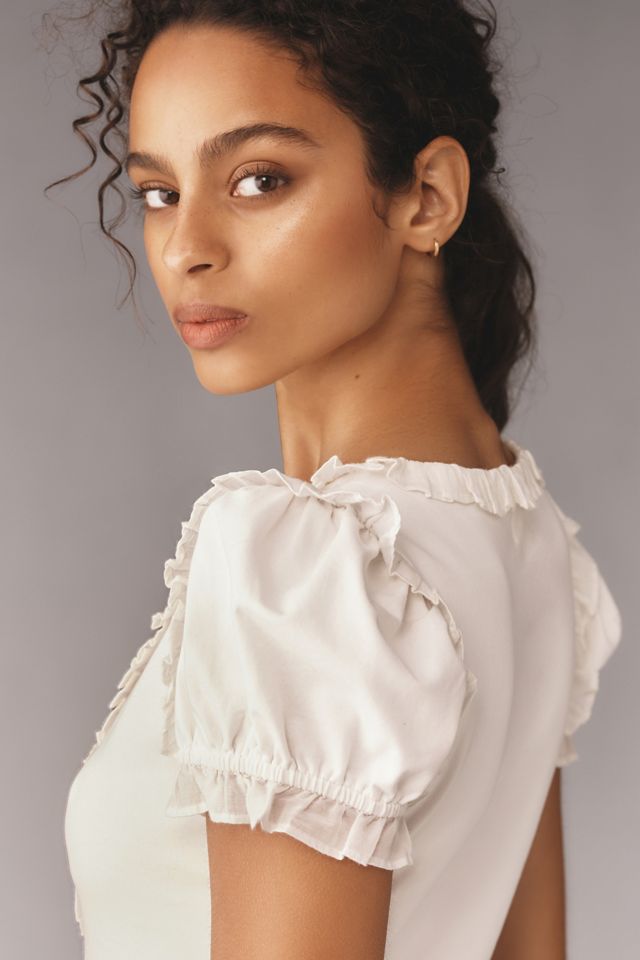 Maeve Puff-Sleeve Ruffle Henley Tee #3
