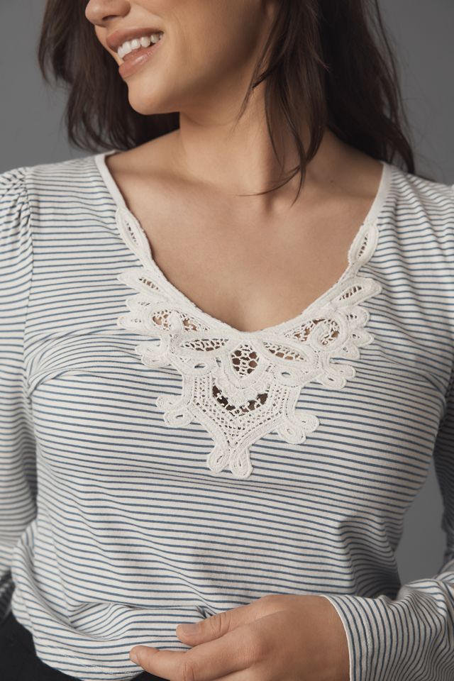Maeve Lace Detail Puff-Shoulder Long-Sleeve Knit Top #7