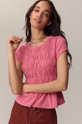Pilcro Garment Dye Ruched Crew-Neck Cap-Sleeve T-Shirt 