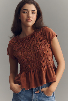 Pilcro Garment Dye Ruched Crew-Neck Cap-Sleeve T-Shirt