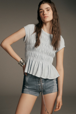 Pilcro Garment Dye Ruched Crew-neck Cap-sleeve Tee In Gray