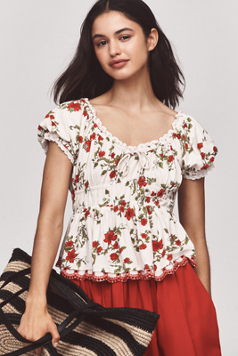 MAEVE SHORT-SLEEVE SWEETHEART-NECK PEPLUM TOP 