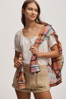 PILCRO PUFF-SLEEVE SCOOP-NECK HENLEY TEE 